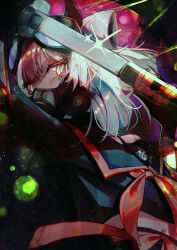 Rule 34 | 1girl, absurdres, animal ears, arm up, black sailor collar, bright pupils, cat ears, colored eyelashes, crossed bangs, drawing sword, from side, gas mask, goggles, goggles on head, gradient eyes, grey hair, hair between eyes, highres, holding, holding sword, holding weapon, katana, kina co, lens flare, lens flare abuse, light rays, looking at viewer, mask, medium hair, multicolored background, multicolored eyes, navel, neckerchief, off shoulder, original, red neckerchief, sailor collar, school uniform, serafuku, sidelocks, slit pupils, spaghetti strap, sparkle, sword, v-shaped eyebrows, weapon, white pupils, yellow eyes
