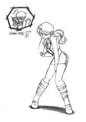 Rule 34 | 00s, 1girl, 2006, between thighs, boots, cosplay, greyscale, hair over eyes, hair over one eye, knee boots, monochrome, shermie (kof), snk, solo, the king of fighters, thighs