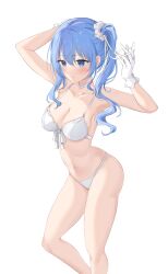 Rule 34 | 1girl, absurdres, alternate breast size, arms up, blue eyes, blue hair, blue nails, blush, bra, breasts, cleavage, closed mouth, clothes lift, feet out of frame, feint721, hair ornament, hair scrunchie, highres, hololive, hoshimachi suisei, medium breasts, navel, panties, scrunchie, side ponytail, sidelocks, simple background, solo, stomach, turtleneck, underwear, virtual youtuber, wavy hair, white background, white bra, white panties