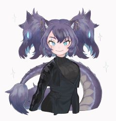 Rule 34 | 1girl, alternate costume, animal ears, arms at sides, big hair, black hair, blue eyes, cerberus (kemono friends), closed mouth, cropped arms, cropped jacket, cropped torso, dog ears, dress, earclip, earrings, eyelashes, female focus, glowing, glowing hair, highres, jacket, jewelry, kemono friends, long sleeves, looking at viewer, multicolored hair, open clothes, open jacket, parted bangs, purple hair, scar, scar across eye, scar on face, shimazoenohibi, simple background, smile, solo, sweater, sweater under dress, tail, turtleneck, turtleneck sweater, two-tone hair, two side up, white background