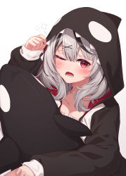 Rule 34 | 1girl, absurdres, arm up, black hair, black jacket, blush, commentary request, hair ornament, highres, hololive, holox, hood, hood up, hooded jacket, jacket, long sleeves, looking at viewer, medium hair, multicolored hair, one eye closed, open mouth, red eyes, sakamata chloe, silver hair, simple background, sleepy, sleeves past wrists, solo, streaked hair, stuffed orca, tang-du, tearing up, upper body, virtual youtuber, white background, x hair ornament