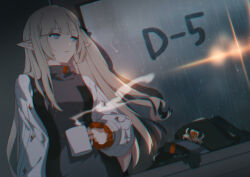 Rule 34 | 1girl, absurdres, black gloves, blonde hair, blue eyes, blunt bangs, blurry, blurry background, coffee mug, countdown, cup, elf, eversoul, frilled sleeves, frills, gloves, hat, highres, holding, holding cup, korean commentary, light rays, long hair, long sleeves, looking to the side, miriam (eversoul), mug, official art, peaked cap, pointy ears, promotional art, rain, solo, turtleneck, two-tone shirt, water drop, window