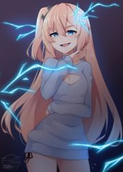 Rule 34 | 1girl, alternate breast size, blonde hair, breasts, cleavage, cleavage cutout, clothing cutout, commentary, electricity, english commentary, grey sweater, highres, hime hajime, long hair, looking at viewer, nealayiskah, ojou-sama pose, open hand, open mouth, side ponytail, small breasts, smile, smug, solo, sweater, virtual youtuber, vshojo