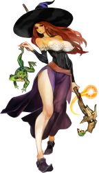 Rule 34 | 1girl, bare shoulders, breasts, brown eyes, brown hair, cleavage, detached sleeves, dragon&#039;s crown, dress, frog, full body, hat, kamitani george, large breasts, long hair, official art, shoes, side slit, solo, sorceress (dragon&#039;s crown), staff, strapless, strapless dress, transparent background, vanillaware, white background, witch hat
