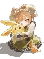 Rule 34 | 1girl, animal ears, bag, bell, blush, bow, bow-shaped hair, closed mouth, dress, floral print, flower, genshin impact, green dress, hair bell, hair flower, hair ornament, hands up, highres, hug, long sleeves, looking at viewer, one eye closed, orange bag, orange bow, orange eyes, orange hair, puffy long sleeves, puffy sleeves, rabbit ears, ribbon, shadow, shirt, short hair, simple background, sitting, situki, smile, solo, tassel, white background, white shirt, yaoyao (genshin impact), yellow flower, yellow ribbon, yuegui (genshin impact)