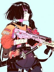 Rule 34 | 1girl, akira (manga), aqua background, artist name, assault rifle, backpack, bag, bandaged arm, bandages, bandaid, bandaid on arm, bandaid on cheek, bandaid on face, bandaid on neck, belt, black gloves, black hair, blue pants, blunt bangs, bob cut, closed mouth, commentary request, copyright name, cowboy shot, cropped sweater, gloves, green eyes, gun, gun sling, hand up, hello kitty, hello kitty (character), holding, holding weapon, katana, logo, long sleeves, midriff, navel, nike (company), o-ring, o-ring belt, optical sight, original, pants, panty straps, portuguese commentary, red sweater, rifle, sanrio, scabbard, sheath, sheathed, short hair, simple background, solo, sticker, supreme (brand), sweater, sword, thigh belt, thigh strap, vinne, weapon, weapon request