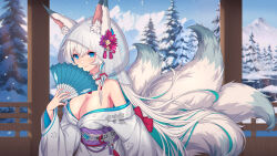 Rule 34 | 1girl, animal ear fluff, animal ears, breasts, bride, cleavage, clover theater, colored inner hair, folding fan, forest, fox ears, fox girl, fox tail, green hair, hand fan, highres, holding, holding fan, japanese clothes, katsuya (clover theater), kimono, kitsune, kyuubi, large breasts, long hair, looking at viewer, mole, mole on neck, mountain, multicolored hair, multiple tails, nairobi song, nature, shiromuku, smile, snow, solo, tail, tree, uchikake, white hair, white kimono, white tail