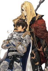 Rule 34 | 2boys, absurdres, adventurer (ff14), armor, black coat, blonde hair, blue eyes, breastplate, brown hair, cape, coat, collared coat, cowboy shot, crossed arms, eye contact, faulds, final fantasy, final fantasy xiv, forehead jewel, garlean, gauntlets, height difference, highres, hyur, leaning back, leaning on person, long hair, looking at another, looking up, male focus, marikmame, multiple boys, paladin (final fantasy), pauldrons, puff of air, red cape, short hair, shoulder armor, simple background, standing, warrior of light (ff14), weapon, weapon on back, white background, zenos yae galvus