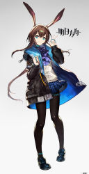 Rule 34 | 1girl, absurdres, amiya (arknights), animal ears, arknights, ascot, black jacket, black pantyhose, blue eyes, blue skirt, brown hair, commentary, english commentary, full body, gradient background, grey background, hair between eyes, highres, jacket, jewelry, jun wei, long hair, looking at viewer, pantyhose, plaid, plaid skirt, pleated skirt, rabbit ears, ring, shoes, sidelocks, skirt, smile, solo, standing, sweater, thighlet, v, white sweater