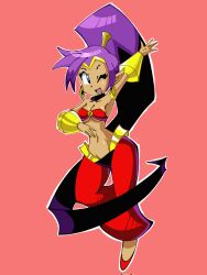 Rule 34 | blue eyes, breasts, cleavage, earrings, highres, jewelry, long hair, medium breasts, midriff, navel, one eye closed, open mouth, ponytail, purple hair, revealing clothes, shantae, shantae (series), smile, underboob