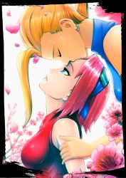 Rule 34 | 2girls, arm grab, bare arms, bare shoulders, blonde hair, blue eyes, blue shirt, breasts, cherry blossoms, closed eyes, couple, earrings, ecchi-mia, female focus, floral background, flower, from side, halterneck, haruno sakura, head back, head down, headband, headdress, jewelry, kiss, kissing forehead, long hair, looking at another, looking up, medium breasts, multiple girls, naruto, naruto (series), neck, parted bangs, parted lips, petals, pink flower, pink hair, ponytail, profile, shiny clothes, shirt, short hair, sleeveless, sleeveless shirt, third-party edit, turtleneck, upper body, yamanaka ino, yuri