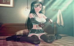 Rule 34 | 1990s (style), 1girl, 2244white, 3d, animated, animated gif, bed, blush, bouncing breasts, breasts, brown hair, elbow gloves, female focus, final fantasy, final fantasy vii, gloves, jiggle, large breasts, lowres, nipples, panties, room, socks, solo, thighhighs, tifa lockhart, underwear, undressing
