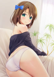 Rule 34 | 1girl, ass, bare shoulders, black sweater, blush, brown hair, commentary request, couch, from behind, green eyes, hair ribbon, highres, indoors, looking at viewer, looking back, lying, n.g., off shoulder, on side, original, panties, ribbon, short hair, sleeves past wrists, smile, solo, sweater, underwear, white panties