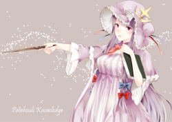 Rule 34 | 1girl, blue ribbon, blunt bangs, blush, bonnet, book, capelet, character name, crescent, crescent hair ornament, dress, frills, hair ornament, hair ribbon, highres, long hair, looking at viewer, nagata nagato, open mouth, patchouli knowledge, pink eyes, purple hair, red ribbon, ribbon, simple background, solo, star (symbol), star hair ornament, striped clothes, striped dress, touhou, tress ribbon, wand
