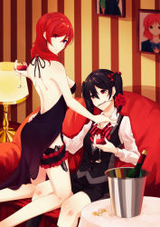 Rule 34 | 10s, 2girls, alcohol, back, backless dress, backless outfit, bad id, bad pixiv id, bare back, bare legs, bare shoulders, black dress, black hair, bottle, bow, bowtie, breasts, bullet, couch, dress, drink, female focus, flower, formal, glass, gun, hair between eyes, hair ribbon, handgun, highres, holding, kneeling, lamp, legs, long hair, long sleeves, looking at viewer, looking back, love live!, love live! school idol project, medium breasts, mouth hold, multiple girls, neck, nishikino maki, nyasa, purple eyes, red eyes, red flower, red hair, red rose, ribbon, rose, short hair, shorts, side slit, sideboob, sitting, smile, socks, striped, striped wall, suit, table, twintails, weapon, wine, yazawa nico, yuri