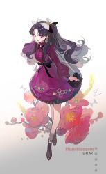 Rule 34 | 1girl, a2ki, alternate costume, bag, black bow, black footwear, black hair, bow, brooch, center frills, chain, character name, commentary request, dress, earrings, english text, fate/grand order, fate (series), floral print, flower, flower earrings, frills, full body, hair bow, hair ornament, hand on own cheek, hand on own face, hand up, handbag, highres, ishtar (fate), jewelry, juliet sleeves, leaning forward, long hair, long sleeves, looking at viewer, open mouth, parted bangs, puffy sleeves, purple dress, red eyes, simple background, skirt, smile, socks, solo, standing, twintails, white background