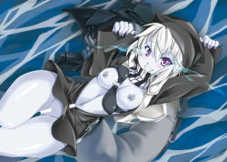 Rule 34 | 10s, 1girl, abyssal ship, bar censor, blush, bottomless, breasts, censored, from above, gekato, grin, highres, hood, hooded jacket, jacket, kantai collection, lying, nail polish, navel, nipples, on back, open clothes, pale skin, partially submerged, personification, purple eyes, re-class battleship, sleeves past wrists, smile, solo, thigh gap, water, white hair