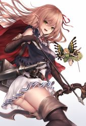 Rule 34 | :d, arisa (shadowverse), arrow (projectile), bad id, bad pixiv id, belt, blonde hair, blush, boots, bow (weapon), breasts, brown footwear, elbow gloves, elf, fairy, floating hair, gloves, gradient background, green eyes, hair between eyes, hair ribbon, highres, holding, holding arrow, holding bow (weapon), holding weapon, long hair, looking at viewer, medium breasts, open mouth, pointy ears, red ribbon, ribbon, shadowverse, sheath, sheathed, sidelocks, simple background, skirt, smile, snm (sunimi), solo, sword, thigh boots, thighhighs, weapon