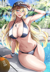 Rule 34 | 1girl, absurdres, anchor necklace, arm support, baseball cap, bikini, blonde hair, blue eyes, blush, breasts, cleavage, collarbone, commentary request, day, hair between eyes, hat, highres, huge filesize, iowa (kancolle), jewelry, kantai collection, kome cola, large breasts, long hair, looking at viewer, navel, necklace, open mouth, outdoors, pool, revision, sitting, smile, solo, star-shaped pupils, star (symbol), stomach, swimsuit, symbol-shaped pupils, thighs, wet, wristband