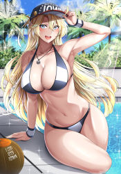 1girl absurdres anchor_necklace arm_support baseball_cap bikini blonde_hair blue_eyes blush breasts cleavage collarbone commentary_request day hair_between_eyes hat highres huge_filesize iowa_(kancolle) iowa_(swimsuit)_(kancolle) jewelry kantai_collection kome_cola large_breasts long_hair looking_at_viewer navel necklace open_mouth outdoors pool revision sitting smile solo star-shaped_pupils star_(symbol) stomach swimsuit symbol-shaped_pupils thighs wet wristband