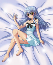Rule 34 | 1girl, :o, bare arms, bare legs, bare shoulders, barefoot, bed, bed sheet, blue dress, blue hair, blush, collarbone, dress, closed eyes, feet, full body, lingerie, original, parted lips, sleeveless, sleeveless dress, solo, striped, sundress, thighs, underwear, vertical stripes, yellow eyes