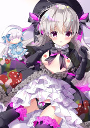 Rule 34 | 1girl, alice (fate), black dress, black panties, bow, bowtie, breasts, cameltoe, doll, doll joints, dress, fate/extra, fate/grand order, fate (series), grey hair, hat, joints, looking at viewer, nipples, nursery rhyme (fate), open mouth, panties, purple eyes, small breasts, solo, tenshi china, thighhighs, underwear