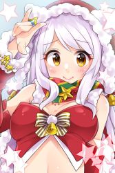 Rule 34 | 10s, 1girl, :&gt;, animal hood, bell, bow, breasts, brown eyes, christmas, crop top, detached sleeves, eve santaclaus, fur trim, hood, idolmaster, idolmaster cinderella girls, jewelry, long hair, looking at viewer, m/, medium breasts, necklace, scarf, silver hair, smile, solo, star (symbol), star necklace, striped bow, striped clothes, striped scarf, trente, upper body