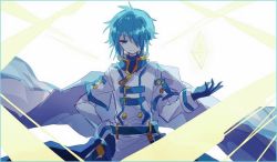 Rule 34 | 1boy, backlighting, belt, blue belt, blue eyes, blue gloves, blue hair, cape, closed mouth, coat, gloves, hair over one eye, hibi89, looking at viewer, male focus, merc storia, pants, sheath, sheathed, short hair, solo, sword, upper body, weapon, white cape, white coat, white pants