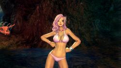 Rule 34 | 1girl, 3d, bikini, blade &amp; soul, breasts, closed mouth, dungeon, facial tattoo, female focus, green eyes, hair ornament, highres, jin (blade &amp; soul), large breasts, long hair, navel, original, pink hair, shiny skin, simple background, smile, solo, swimsuit, tattoo, water