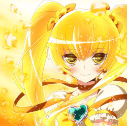 Rule 34 | 10s, 1girl, blonde hair, blush, bow, brooch, cure sunshine, face, heart, heart brooch, heartcatch precure!, kamiya maneki, looking at viewer, magical girl, myoudouin itsuki, orange bow, precure, smile, solo, twintails, yellow background, yellow eyes, yellow theme