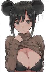 Rule 34 | 1girl, animal ears, black bra, black eyes, black hair, blush, bra, breasts, chinese zodiac, cleavage, clothes lift, commentary request, hair bun, large breasts, long hair, looking at viewer, morisawa haruyuki, mouse ears, mouse girl, open mouth, original, ribbed sweater, simple background, single hair bun, solo, standing, sweater, sweater lift, turtleneck, turtleneck sweater, underwear, white background, year of the rat