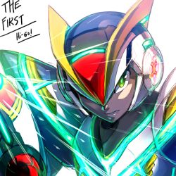 Rule 34 | 1boy, absurdres, android, arm cannon, capcom, energy, english text, first armor x (mega man), green eyes, helmet, hi-go!, highres, looking at viewer, male focus, mega man (series), mega man x (series), portrait, serious, simple background, solo, weapon, white background, x (mega man)