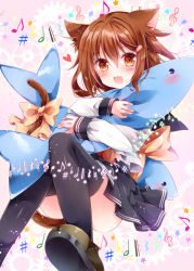 Rule 34 | 10s, 1girl, :d, animal ears, black skirt, black thighhighs, brown eyes, brown hair, cat ears, cat tail, commentary request, fang, hair ornament, hairclip, ikazuchi (kancolle), kantai collection, kemonomimi mode, long sleeves, nogi takayoshi, open mouth, pleated skirt, revision, school uniform, serafuku, short hair, skirt, smile, solo, tail, thighhighs