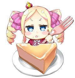 Rule 34 | 10s, 1girl, beatrice (re:zero), blonde hair, blue eyes, blush, blush stickers, bug, butterfly, butterfly-shaped pupils, cake, capelet, chibi, commentary request, crown, dress, drill hair, ekakibito, food, food on face, fork, fur trim, hair ribbon, highres, bug, long hair, long sleeves, looking at viewer, mini crown, open mouth, re:zero kara hajimeru isekai seikatsu, ribbon, simple background, solo, symbol-shaped pupils, triangle mouth, twin drills, twintails, white background