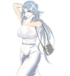 Rule 34 | 1girl, alternate costume, bag, blue hair, bra visible through clothes, breasts, clorinde (genshin impact), closed mouth, commentary request, genshin impact, handbag, hands in own hair, highres, large breasts, light smile, long hair, long skirt, looking at viewer, mitsugu, multicolored hair, purple eyes, shirt, shirt tucked in, sketch, skirt, sleeveless, sleeveless shirt, solo, streaked hair, taut clothes, taut shirt, walking, white background, white shirt, white skirt