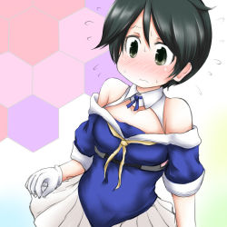 Rule 34 | 1girl, @ @, black hair, blue shirt, blush, commentary request, cosplay, cowboy shot, embarrassed, flat chest, fletcher (kancolle), fletcher (kancolle) (cosplay), flying sweatdrops, gloves, honeycomb (pattern), honeycomb background, kantai collection, mogami (kancolle), multicolored background, neckerchief, off shoulder, ouno (nounai disintegration), pleated skirt, sailor collar, school uniform, serafuku, shirt, skirt, solo, trait connection, wavy mouth, white gloves, white sailor collar, white skirt, yellow neckerchief