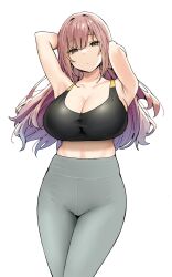 Rule 34 | 1girl, arm up, armpits, bare arms, bare shoulders, black sports bra, breasts, cleavage, closed mouth, collarbone, grey pants, highres, kaori (sky-freedom), large breasts, long hair, looking at viewer, original, pants, pink eyes, pink hair, simple background, sky-freedom, sleeveless, solo, sports bra, thighs, white background