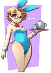 Rule 34 | 10s, 1girl, alternate costume, animal ears, black-framed eyewear, black bow, blue eyes, blue leotard, bow, bowtie, braid, breasts, character name, cropped legs, cup, detached collar, fake animal ears, fake tail, girls und panzer, glasses, hair bow, holding, leotard, looking at viewer, no legwear, orange hair, orange pekoe (girls und panzer), outside border, parted bangs, parted lips, playboy bunny, rabbit ears, rabbit tail, red bow, red bowtie, saucer, shadow, shinshin, short hair, small breasts, solo, standing, strapless, strapless leotard, tail, teacup, teapot, tray, twin braids, twitter username, wrist cuffs