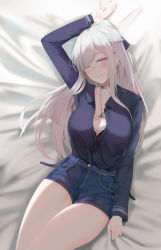 Rule 34 | 1girl, ak-12 (girls&#039; frontline), bed sheet, blue shirt, blush, braid, breasts, collarbone, collared shirt, commentary request, cowboy shot, denim, denim shorts, french braid, from above, girls&#039; frontline, highres, large breasts, light smile, long hair, long sleeves, looking at viewer, lying, on back, one eye closed, purple eyes, ru zhai, shirt, shorts, sidelocks, silver hair, smile, solo, swept bangs