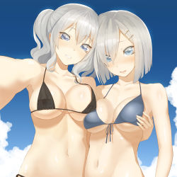 Rule 34 | 10s, 2girls, arm around back, asymmetrical docking, bad id, bad pixiv id, bare arms, bare shoulders, bikini, bikini top only, black bikini, blue bikini, blue eyes, blush, breast press, breasts, cleavage, cloud, collarbone, day, embarrassed, eyebrows, female focus, front-tie top, grabbing, grabbing another&#039;s breast, grey hair, grin, hair ornament, hair over one eye, hamakaze (kancolle), head tilt, highres, kantai collection, kashima (kancolle), large breasts, looking at viewer, medium breasts, midriff, multiple girls, navel, neck, nose blush, open mouth, outdoors, outstretched arm, reaching, reaching towards viewer, selfie, shy, sky, smile, swimsuit, teeth, throtem, twintails, yuri