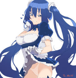 Rule 34 | 1girl, blue eyes, blue hair, breasts, cleavage, clothes lift, copyright request, cowboy shot, dress, dress lift, highres, long hair, panties, pointy ears, simple background, smile, solo, standing, twintails, underwear, white background, white panties