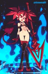 Rule 34 | 1girl, absurdres, bar censor, bare shoulders, black footwear, black gloves, blue fire, boots, bottomless, breasts, censored, collar, commentary, crossed legs, demon girl, demon tail, demon wings, disgaea, earrings, elder spear, etna (disgaea), fire, full body, gloves, gluteal fold, high heel boots, high heels, highres, jewelry, looking at viewer, makai senki disgaea, planted, pointy ears, polearm, red eyes, red hair, red thighhighs, rtil, skull earrings, small breasts, solo, spear, standing, tail, thigh boots, thigh gap, thighhighs, thighhighs under boots, twintails, watson cross, weapon, wings
