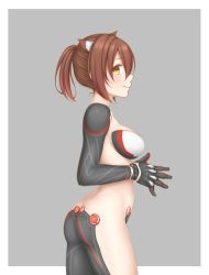 Rule 34 | 1girl, animal ears, arched back, ass, black gloves, blush, breasts, brown hair, cat ears, cat girl, closed mouth, commentary request, elbow gloves, from side, gloves, grey background, highres, hololive, kyounami, long hair, looking at viewer, looking to the side, mechanical arms, medium breasts, own hands together, ponytail, revealing clothes, roboco-san, sideways glance, simple background, smile, solo, strapless, virtual youtuber, yellow eyes