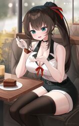Rule 34 | 1girl, absurdres, belt, black collar, black shorts, black thighhighs, blue eyes, blush, breasts, brown hair, bubble tea, cake, cake slice, candle, cleavage, collar, collarbone, commission, female commander (girls&#039; frontline), food, fork, girls&#039; frontline, hands up, highres, holding, holding fork, indoors, large breasts, long hair, looking at food, open mouth, original, ponytail, red ribbon, ribbon, rynzfrancis, shirt, shirt tucked in, short shorts, shorts, sidelocks, sitting, sleeveless, sleeveless shirt, solo, termichan (not-a-bot), thighhighs, twitter username, white shirt