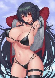 Rule 34 | 1girl, :p, ahoge, armpits, arms behind head, arms up, azur lane, bare shoulders, bikini, black bikini, black choker, black hair, black thighhighs, blush, breasts, bridal garter, choker, cleavage, collarbone, commentary, covered erect nipples, cowboy shot, crossed bangs, gluteal fold, groin, hair between eyes, highleg, highleg bikini, highres, jacket, large breasts, long hair, looking at viewer, multi-strapped bikini bottom, multi-strapped bikini top, multiple straps, navel, off shoulder, official alternate costume, one side up, pinkcap, race queen, red eyes, red jacket, sidelocks, skindentation, smile, solo, standing, stomach, swimsuit, taihou (azur lane), taihou (enraptured companion) (azur lane), thigh strap, thighhighs, tongue, tongue out, very long hair
