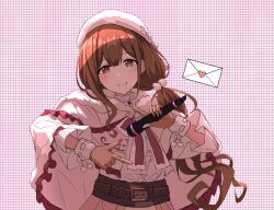 Rule 34 | 1girl, belt, belt buckle, beret, birthday, brown eyes, brown gloves, brown hair, buckle, buttons, capelet, closed mouth, commentary request, double-parted bangs, double finger gun, dress shirt, envelope, finger gun, frilled capelet, frilled shirt, frills, gloves, hands up, hat, head tilt, heart, high collar, holding, holding microphone, idol, idol clothes, idolmaster, idolmaster shiny colors, jtangc, kuwayama chiyuki, letter, long hair, long sleeves, looking at viewer, love letter, low side ponytail, microphone, neck ribbon, official alternate costume, official alternate hairstyle, pink background, pointing, polka dot, polka dot background, pom pom (clothes), ponytail, purple ribbon, purple trim, ribbon, shirt, side ponytail, sidelocks, skirt, smile, solo, standing, white capelet, white ribbon, white shirt