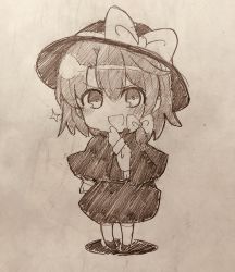 Rule 34 | blush, bow, capelet, chibi, efukei, full body, hair between eyes, hair bow, hand on own face, hat, hat bow, highres, long sleeves, looking at viewer, monochrome, open mouth, shoes, short hair, skirt, sleeve cuffs, socks, solo, standing, touhou, traditional media, usami renko