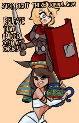 Rule 34 | 2girls, absurdres, animal ears, blonde hair, brown hair, centurii-chan, centurii-chan (artist), egyptian, greco-roman clothes, highres, holding, holding shield, holding sword, holding weapon, meme, midriff, multiple girls, nemes, open mouth, original, pot of greed, roman clothes, shield, sword, teeth, weapon, yu-gi-oh!