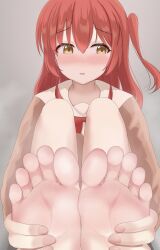 Rule 34 | 1girl, barefoot, beru (belse mmrkhr), blush, bocchi the rock!, feet, foot focus, highres, kita ikuyo, long hair, looking to the side, parted lips, red hair, simple background, soles, solo, steam, toes