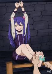 Rule 34 | 1girl, absurdres, barefoot, bdsm, blue hair, bondage, bound, bound ankles, bound wrists, breasts, brown eyes, crying, fairy tail, highres, legs, shadow xcp, tickling, wendy marvell